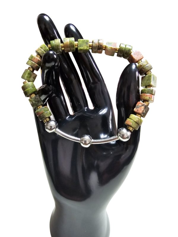 Product Image for  UNISEX BRACELET WITH UNAKITE CUBES & METAL CENTERPIECE